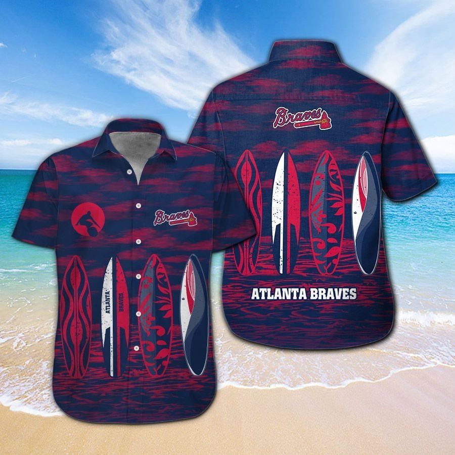 Button Up Atlanta Braves Short Sleeve Tropical Hawaiian Shirt Unisex T-shirt, Sweatshirt, Hoodie, Long Sleeve Tee - T-Shirt, Sweatshirt, Hoodie