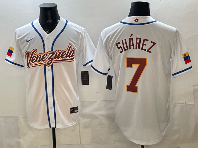 Men's Venezuela Baseball Eugenio Suarez #7 White 2026 World Baseball Classic Stadium Jersey baseball jersey product view 1