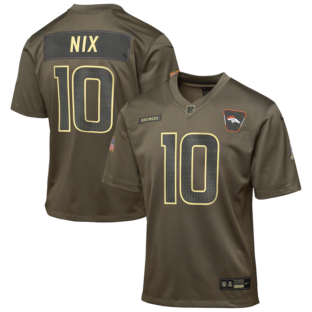 Youth Denver Broncos Bo Nix Olive 2025 Salute to Service Game Jersey football jersey product view 1