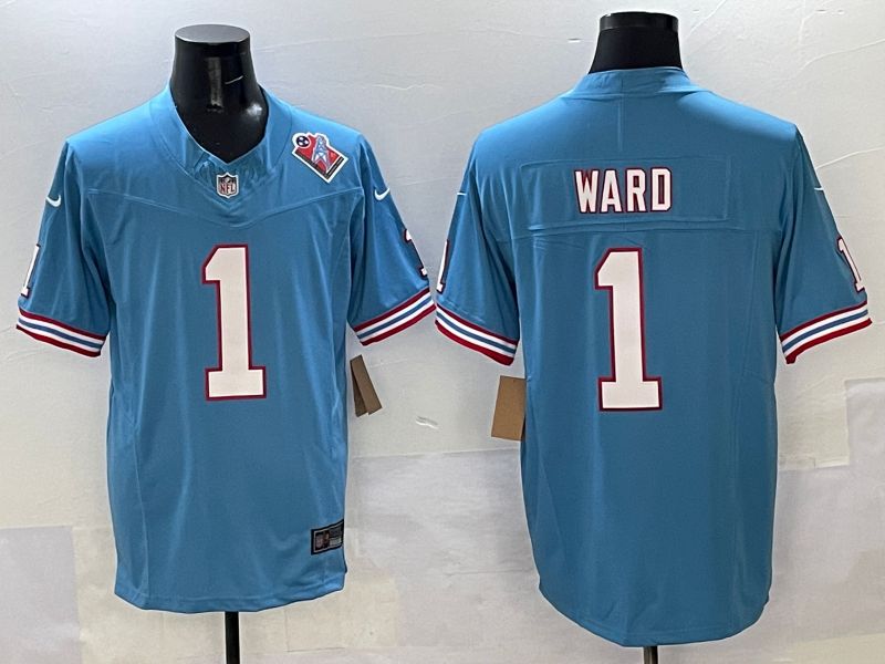 Men's Tennessee Titans Cameron Ward #1 Light Blue 2025 NFL Draft First Round Pick Game Jersey football jersey product view 1