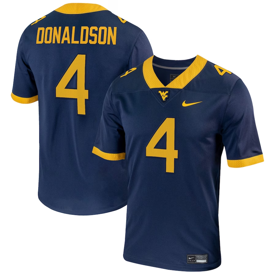 Men's West Virginia Mountaineers CJ Donaldson Navy Player Game Jersey sports jersey product view 1