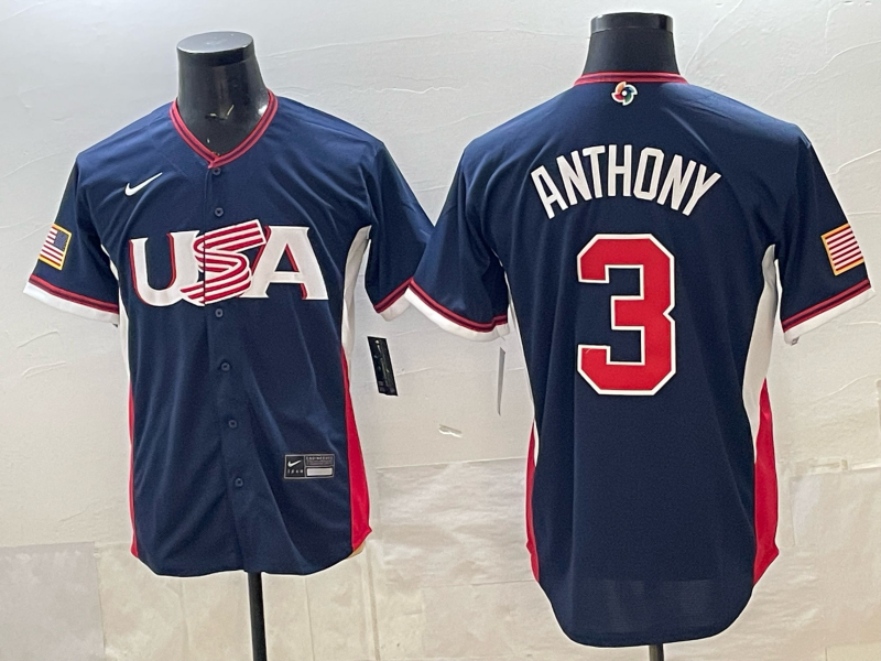 Men's USA Baseball Roman Anthony #3 Navy 2026 World Baseball Classic Stadium Jersey baseball jersey product view 1