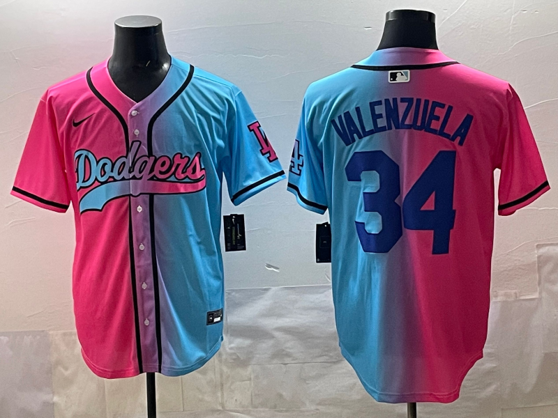 Men's Los Angeles Dodgers Fernando Valenzuela #34 Pink/Blue Player Jersey baseball jersey product view 1