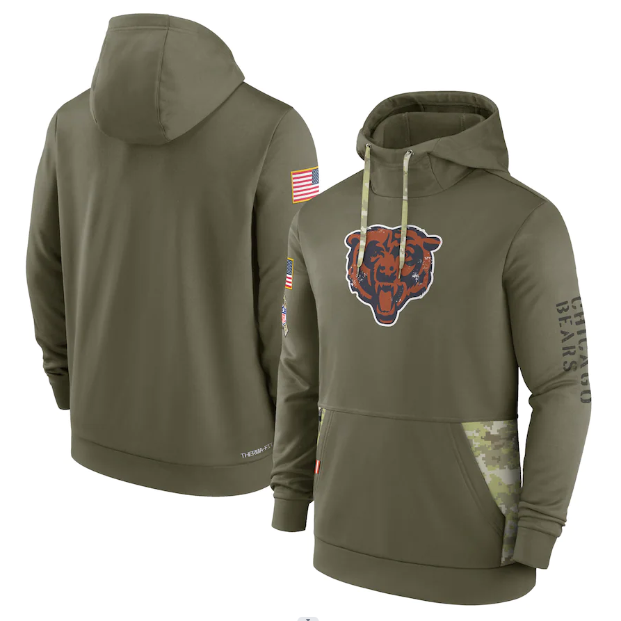 Men's Chicago Bears Olive 2022 Salute to Service Therma Performance Pullover Hoodie1 football jersey product view 1