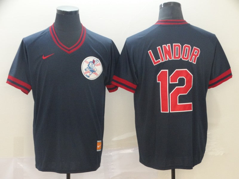 Men's Cleveland Guardians Francisco Lindor #12 Navy Authentic Baseball Jersey baseball jersey product view 1