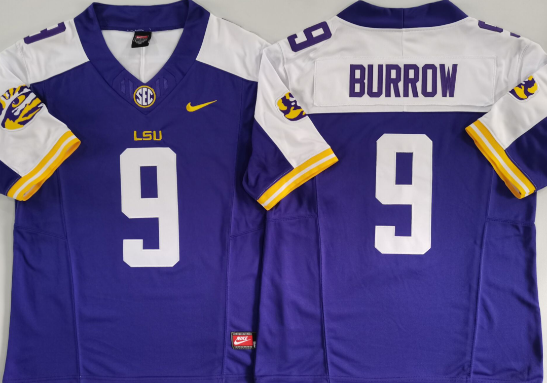 Men's LSU Tigers Joe Burrow #9 Purple Game Jersey sports jersey product view 1
