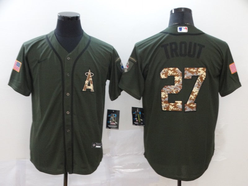 Men's Los Angeles Angels Mike Trout Army Green Replica Player Jersey baseball jersey product view 1