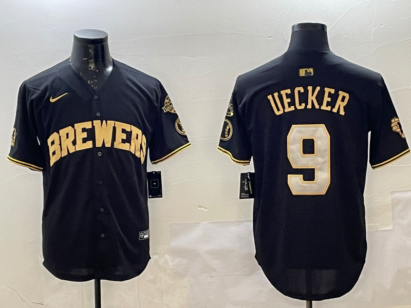 Men's Milwaukee Brewers Bob Uecker #9 Black Replica Player Jersey baseball jersey product view 1
