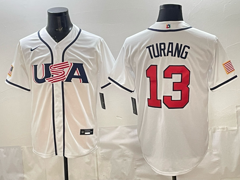 Men's USA Baseball Brice Turang #13 White 2026 World Baseball Classic Stadium Jersey baseball jersey product view 1