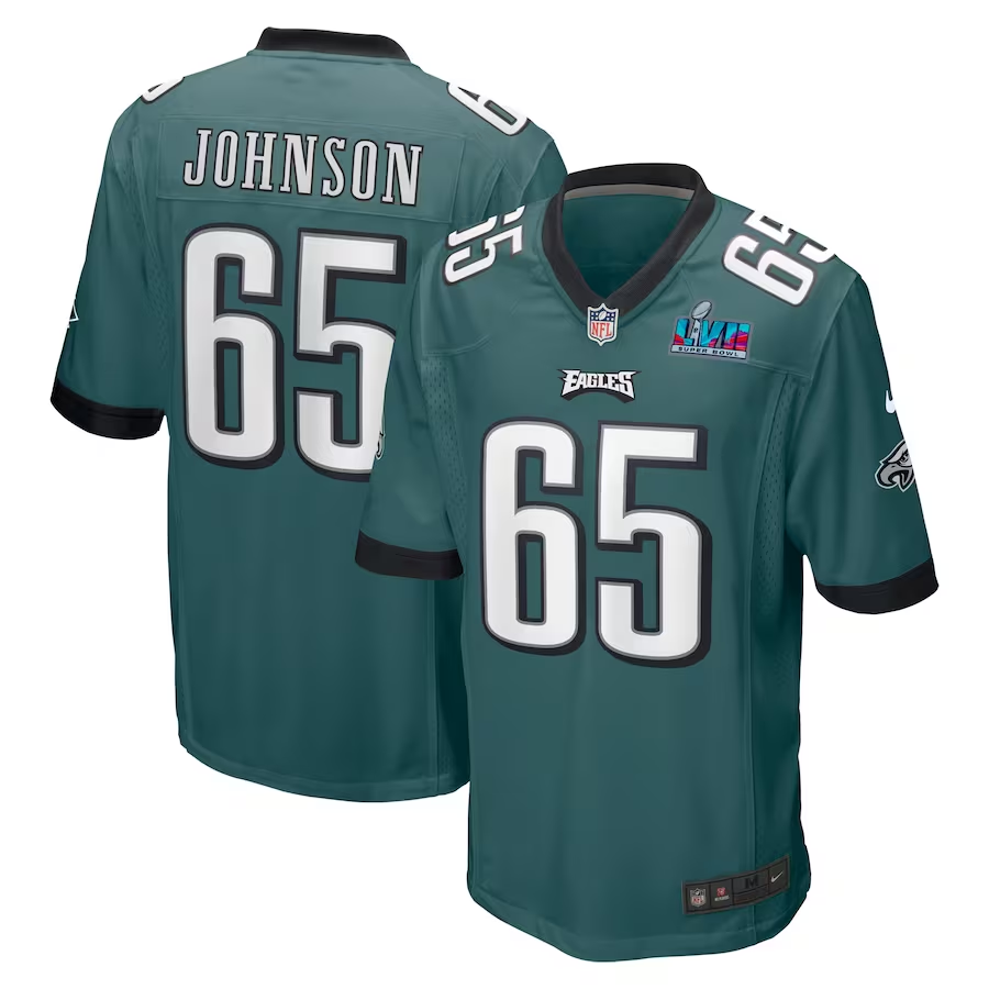 Men's Philadelphia Eagles Lane Johnson Midnight Green Super Bowl LVII Patch Game Jersey football jersey product view 1