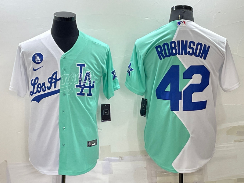 Men's Los Angeles Dodgers Jackie Robinson #42 White/Green Replica Baseball Jersey1 baseball jersey product view 1