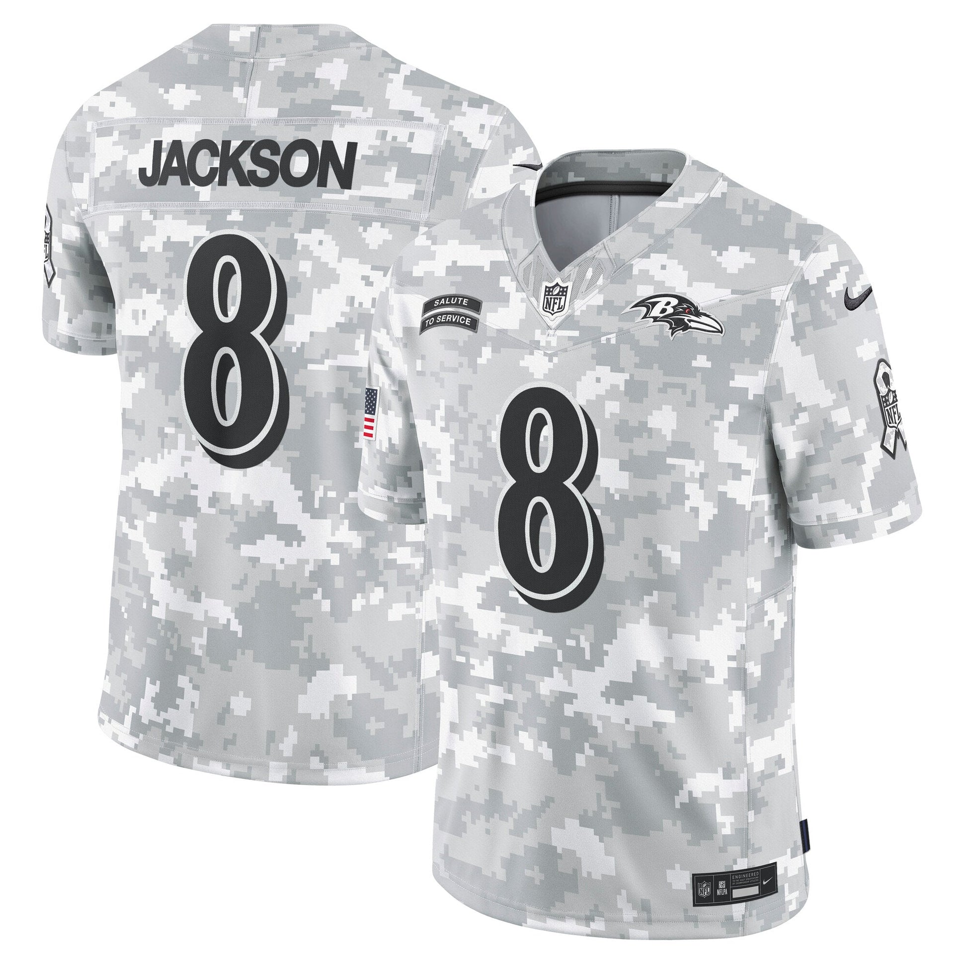 Lamar Jackson Baltimore Ravens 2024 Salute to Service Limited Jersey - Arctic Camo football jersey product view 1