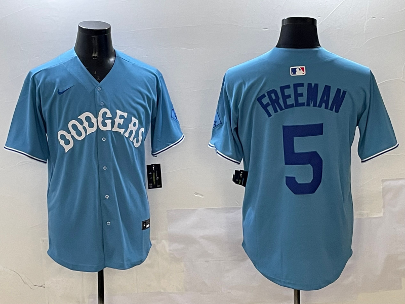 Men's Los Angeles Dodgers Freddie Freeman #5 Light Blue Replica Player Jersey baseball jersey product view 1