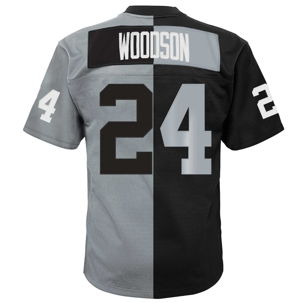 LV.Raiders #24 Charles Woodson Black/Silver 1988 Split Legacy Replica Jersey football jersey product view 1