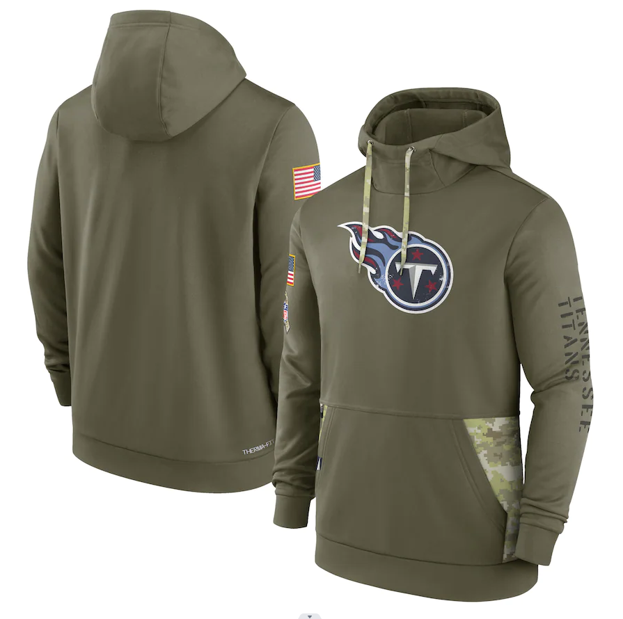 Men's Tennessee Titans Olive 2022 Salute to Service Therma Performance Pullover Hoodie football jersey product view 1