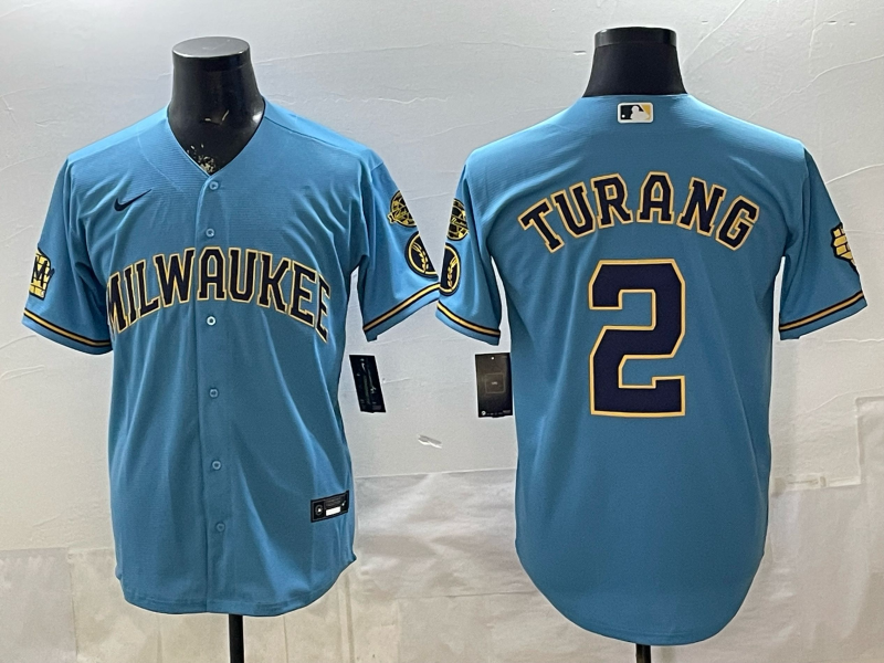 Men's Milwaukee Brewers Brice Turang #2 Light Blue Road Replica Jersey baseball jersey product view 1