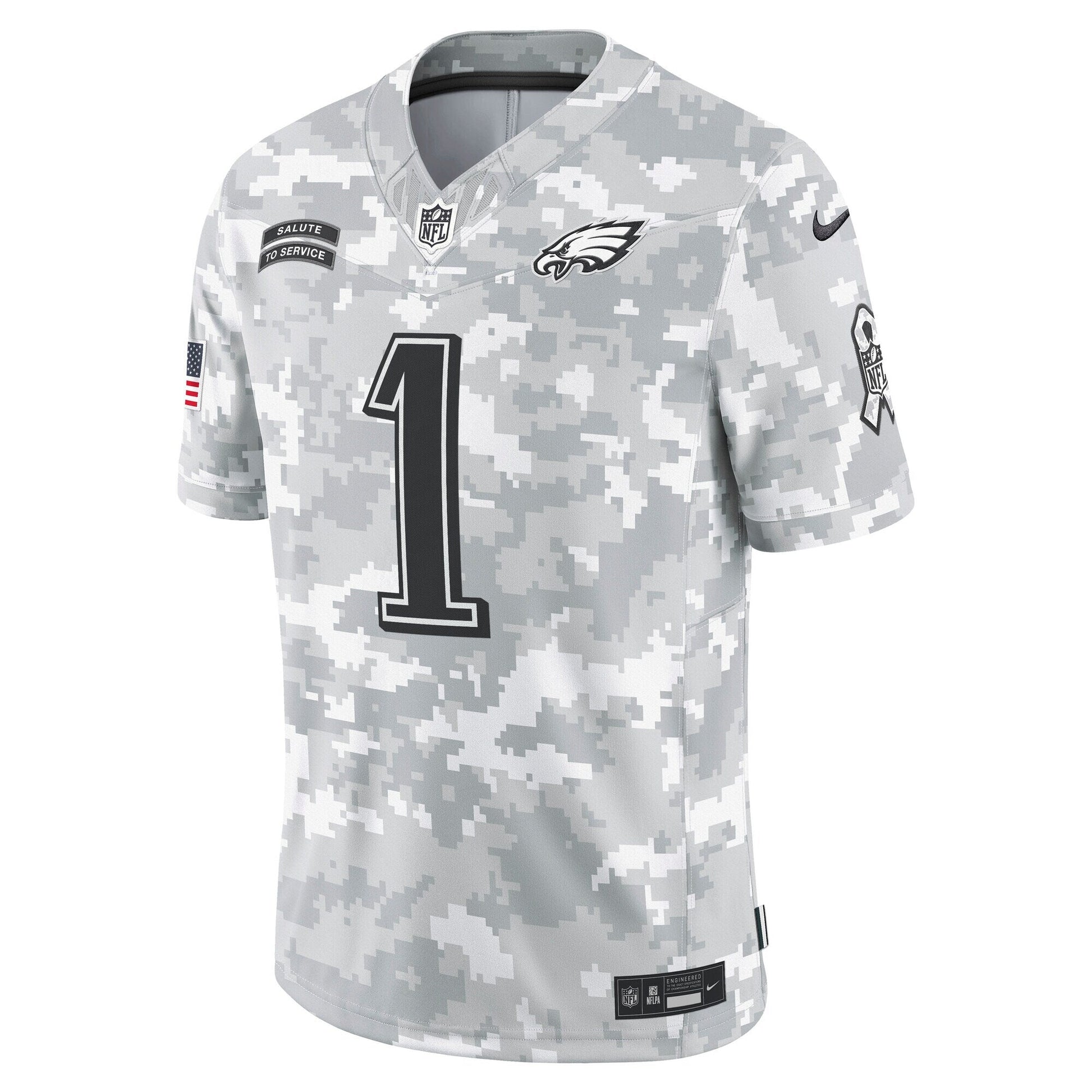 Jalen Hurts Philadelphia Eagles 2024 Salute to Service Limited Jersey - Arctic Camo football jersey product view 2