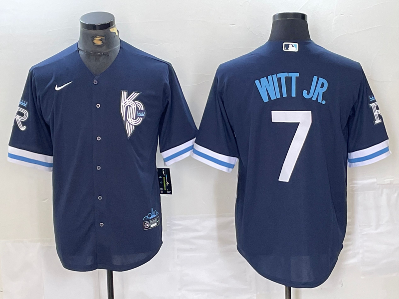 Men's Kansas City Royals Bobby Witt Jr. #7 Navy Replica Baseball Jersey baseball jersey product view 1