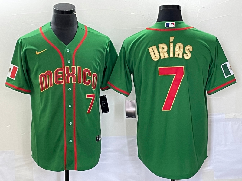 Men's 2023 World Baseball Classic Julio Urias Mexico Jersey Green baseball jersey product view 1