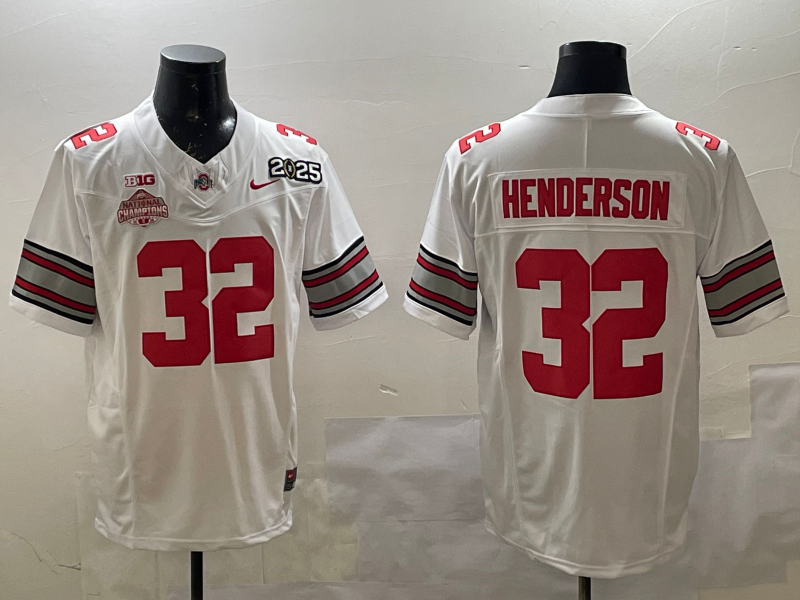 Men's Ohio State Buckeyes Treveyon Henderson #32 White 2025 CFP Final National Champions Patch F.U.S.E. Jersey sports jersey product view 1