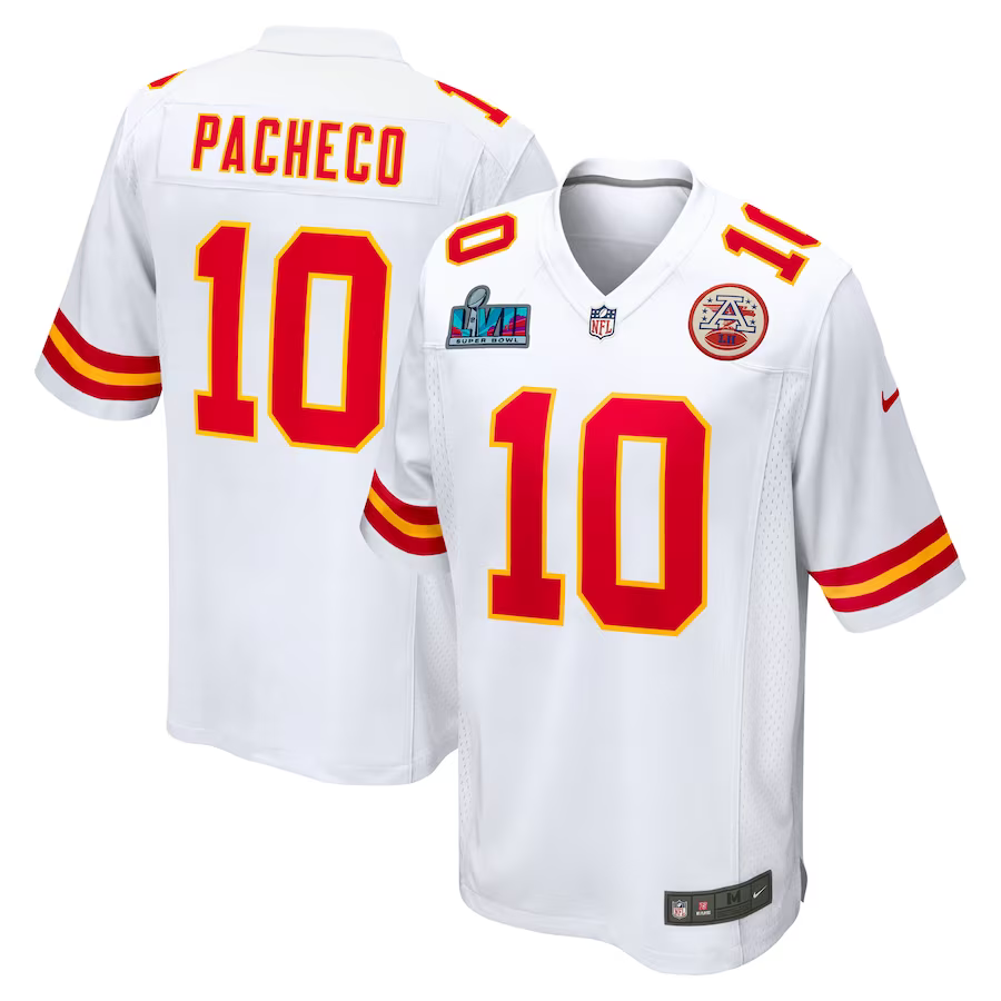 Men's Kansas City Chiefs Isiah Pacheco #10 White Super Bowl LVII Patch Away Game Jersey1 football jersey product view 1