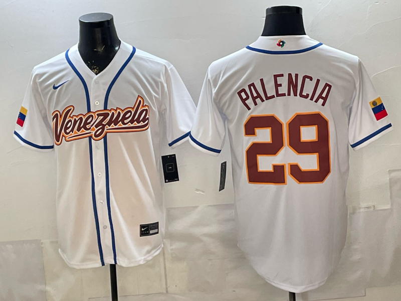 Men's Venezuela Baseball Nelson Palencia #29 White 2026 World Baseball Classic Stadium Jersey baseball jersey product view 1