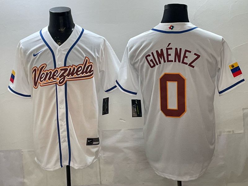 Men's Venezuela Baseball Andres Gimenez #0 White 2026 World Baseball Classic Stadium Jersey baseball jersey product view 1