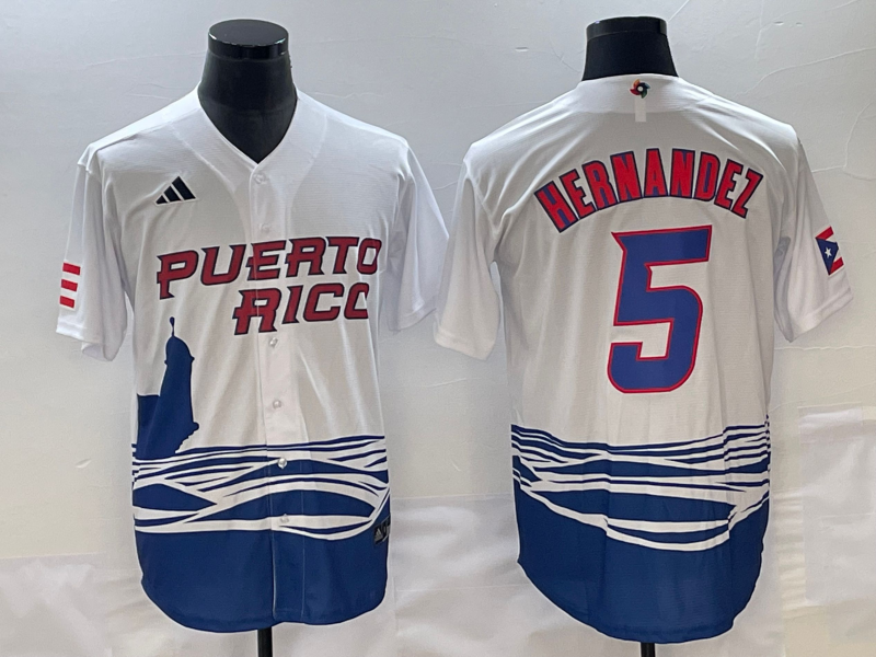 Men's 2023 World Baseball Classic #5 Enrique Hernandez Puerto Rico White Jersey1 baseball jersey product view 1