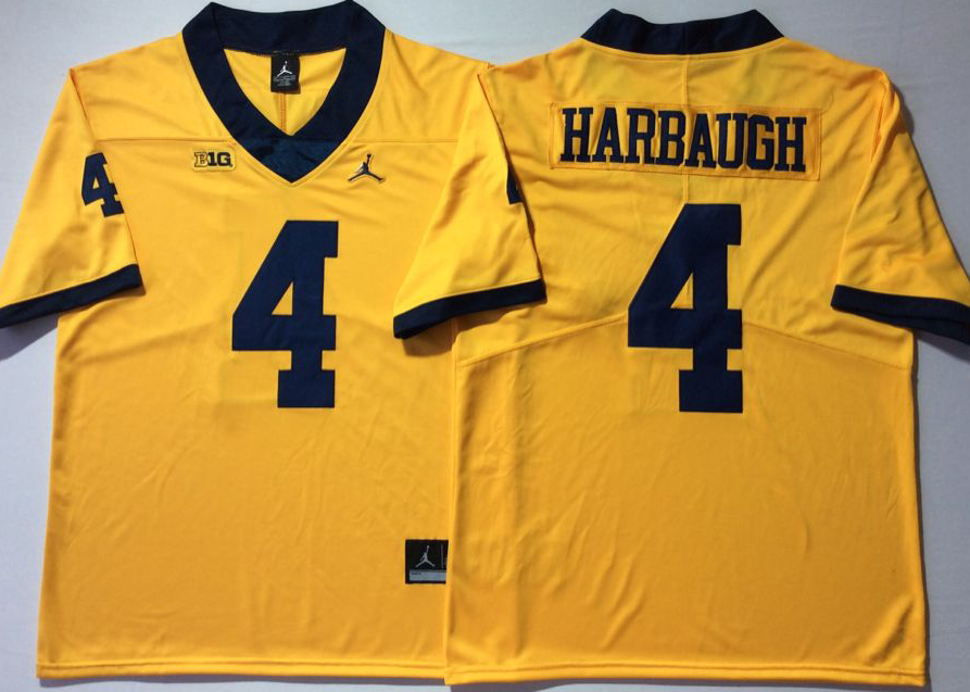 Men's Michigan Wolverines Jim Harbaugh #4 Yellow Alumni Player Game Jersey sports jersey product view 1