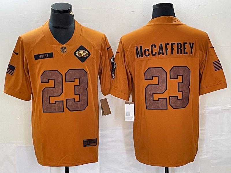 Men's San Francisco 49ers Christian McCaffrey Brown 2023 Salute To Service Retired Player Limited Jersey football jersey product view 1