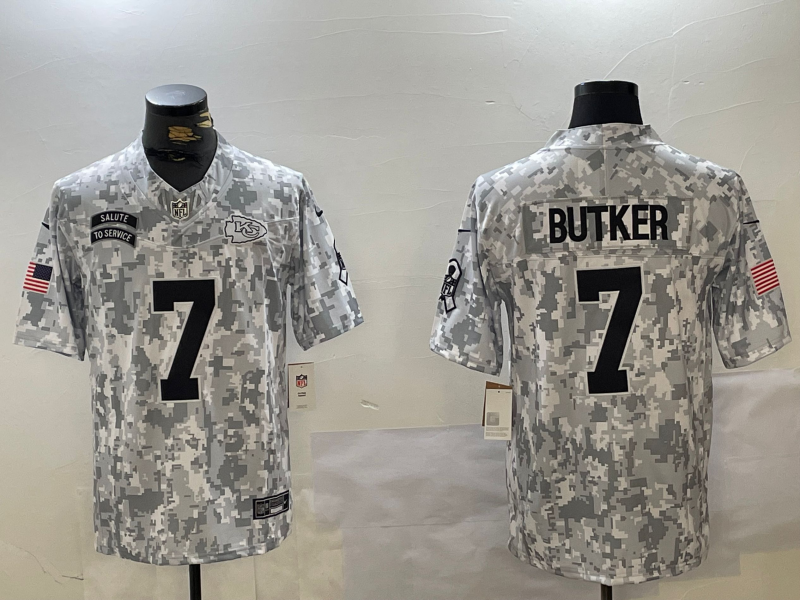 Men's Kansas City Chiefs Harrison Butker #7 Arctic Camo 2024 Salute to Service Limited Jersey1 football jersey product view 1