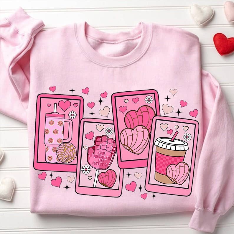 Valentine's Day Sweatshirt Cafecito Y Chisme, Concha, Candy Unisex T-shirt, Sweatshirt, Hoodie, Long Sleeve Tee - T-Shirt, Sweatshirt, Hoodie