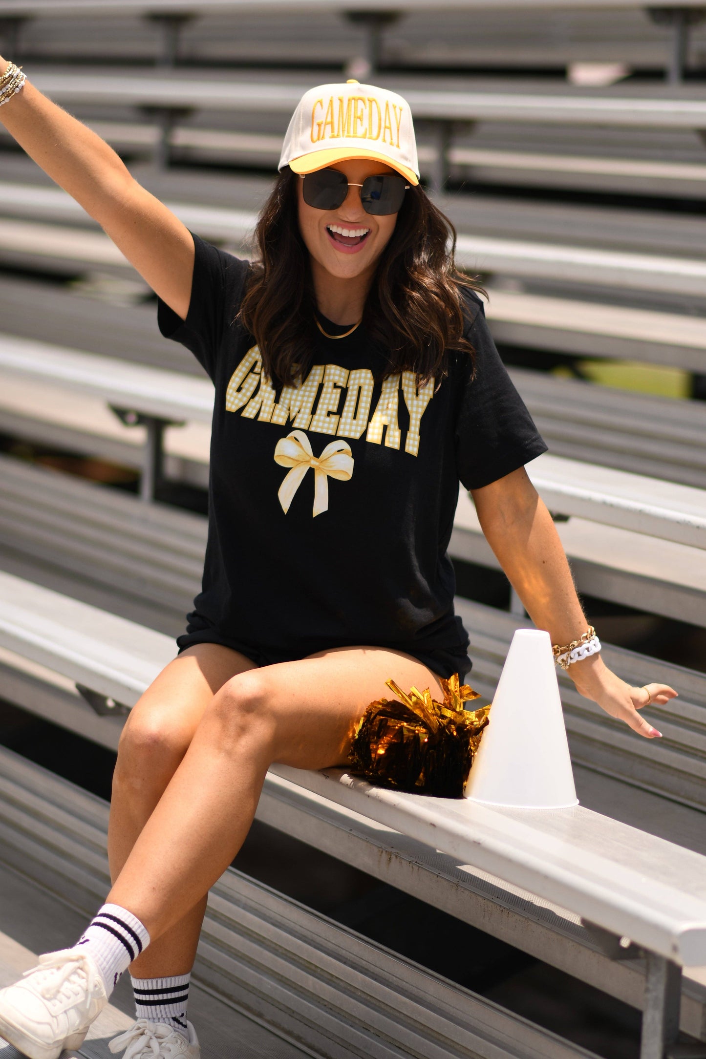 Gold Game Day Gingham Bow Tee Unisex T-shirt, Sweatshirt, Hoodie, Long Sleeve Tee - T-Shirt, Sweatshirt, Hoodie