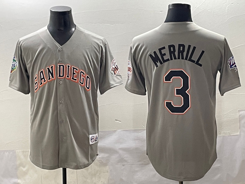 Men's San Diego Padres Jackson Merrill Gray Replica Player Jersey baseball jersey product view 1