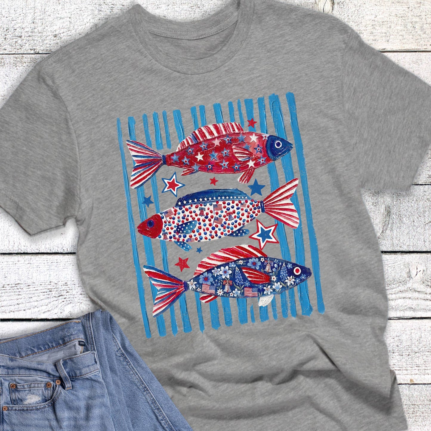 Patriotic Stripes and Fish Graphic Tee Unisex T-shirt, Sweatshirt, Hoodie, Long Sleeve Tee - T-Shirt, Sweatshirt, Hoodie