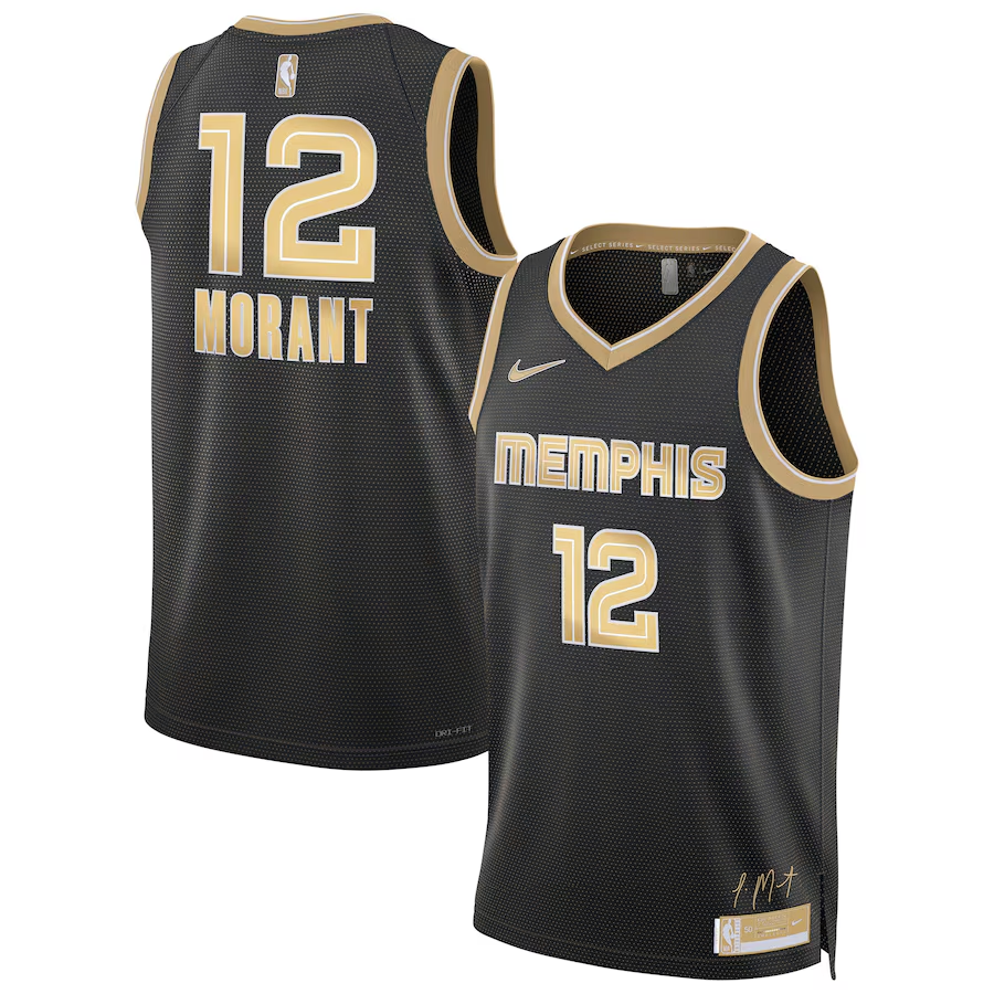 24 Grizzlies #12 Morant black and gold jersey basketball jersey product view 1