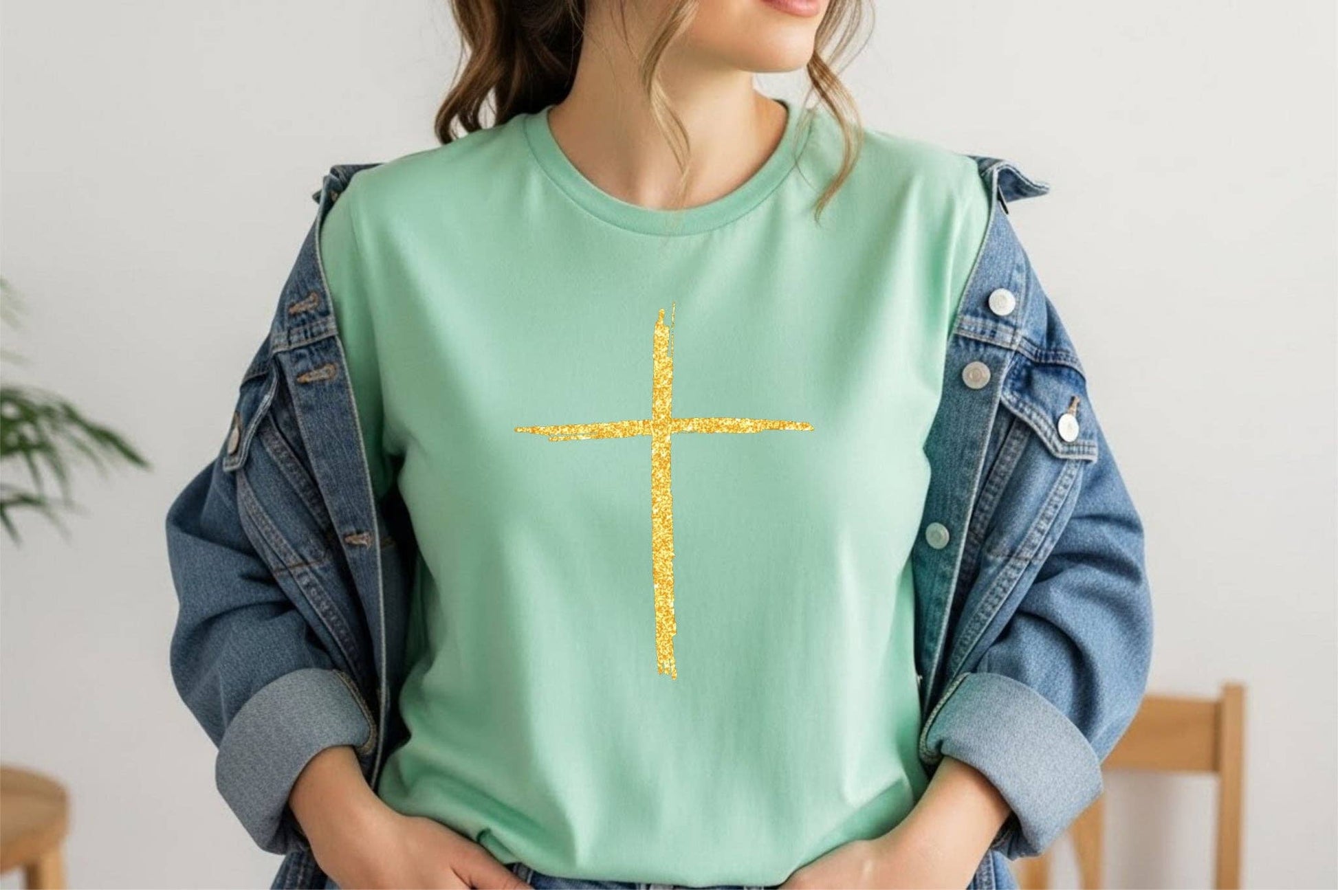 Christian Mint Spring Gold Cross Bella Graphic Tee Unisex T-shirt, Sweatshirt, Hoodie, Long Sleeve Tee - T-Shirt, Sweatshirt, Hoodie