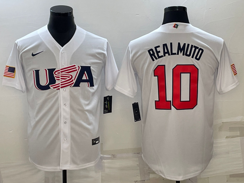 Men's 2023 World Baseball Classic J. T. Realmuto USA White Jersey baseball jersey product view 1