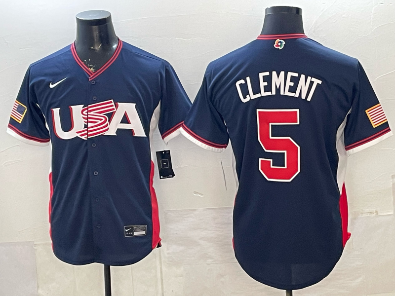 Men's USA Baseball Ernie Clement #5 Navy 2026 World Baseball Classic Stadium Jersey baseball jersey product view 1