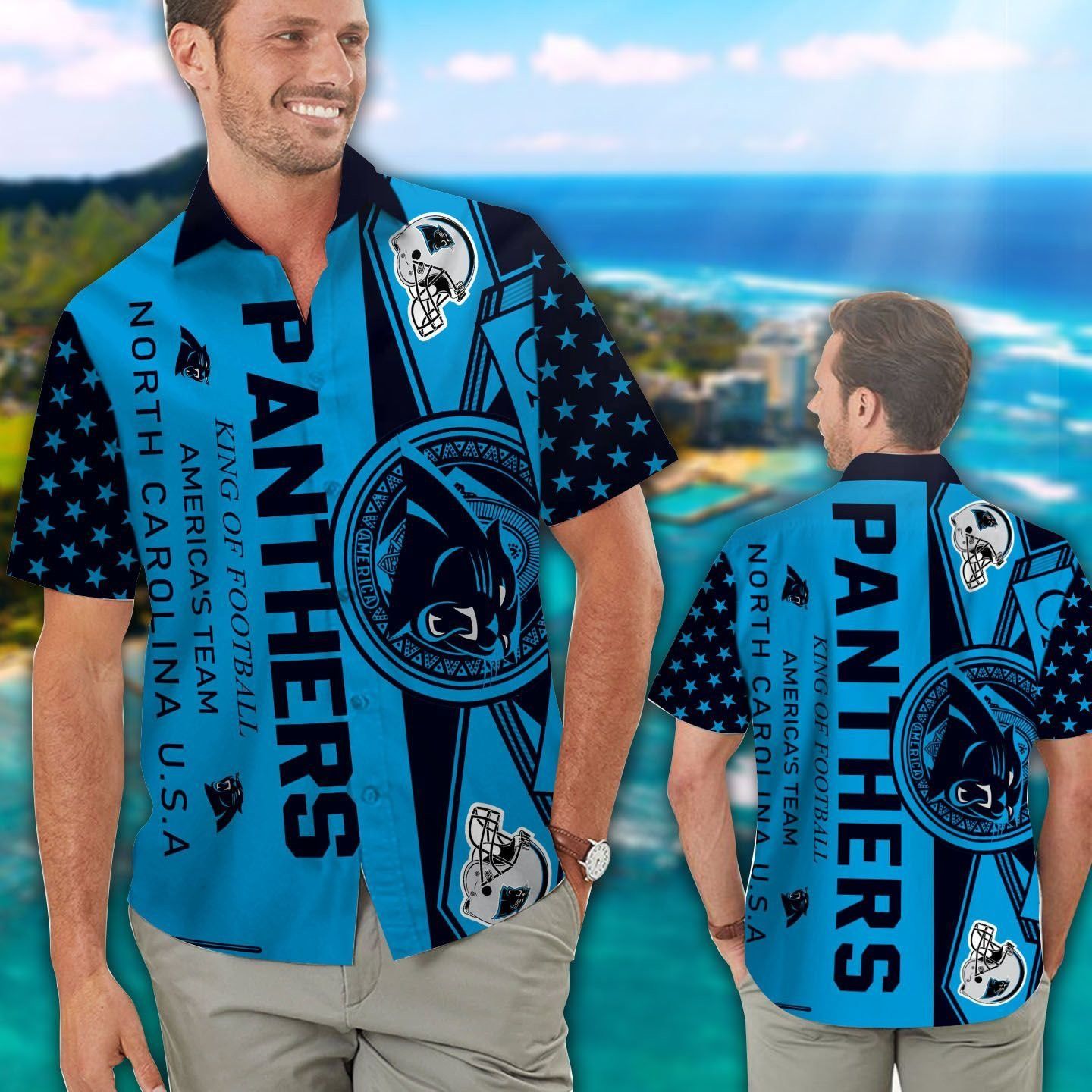 Carolina Panthers Short Sleeve Button Up Tropical Hawaiian Shirt VER029 Unisex T-shirt, Sweatshirt, Hoodie, Long Sleeve Tee - T-Shirt, Sweatshirt, Hoodie