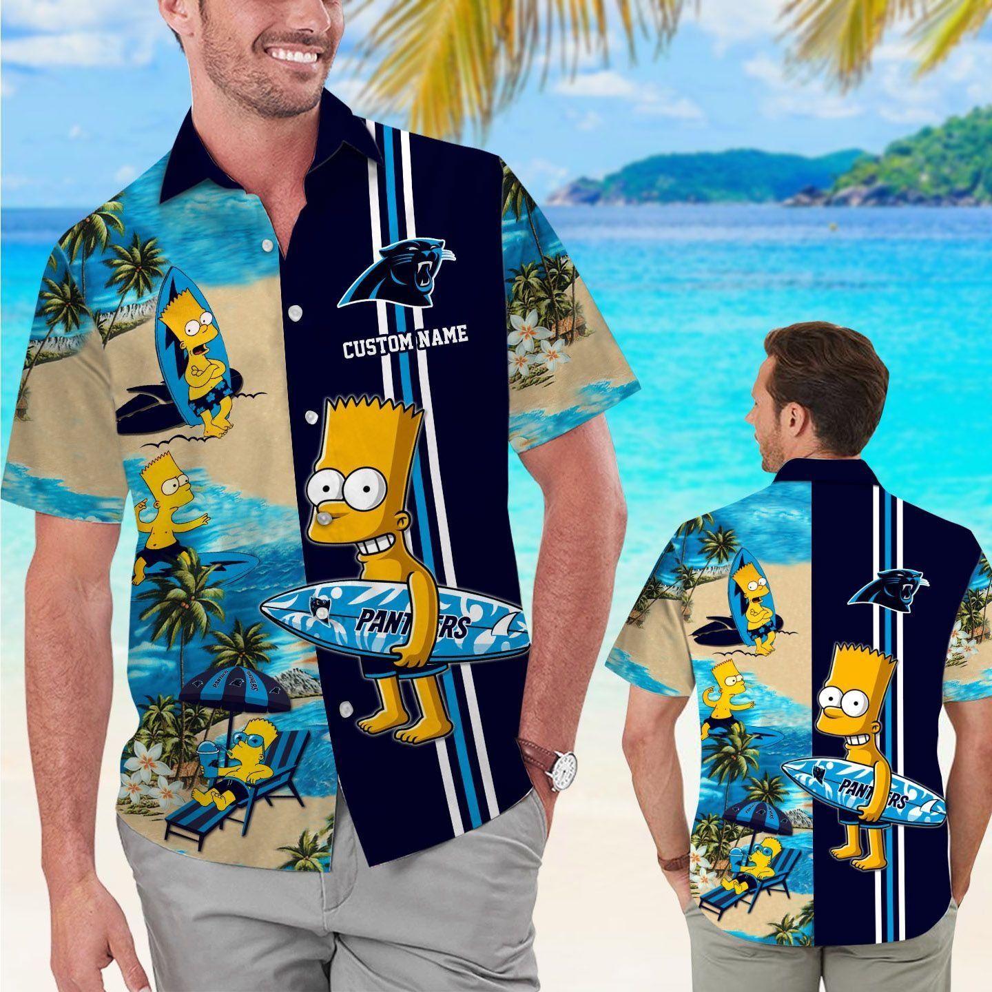 Carolina Panthers Simpsons Name Personalized Short Sleeve Tropical Hawaiian Shirt Unisex T-shirt, Sweatshirt, Hoodie, Long Sleeve Tee - T-Shirt, Sweatshirt, Hoodie