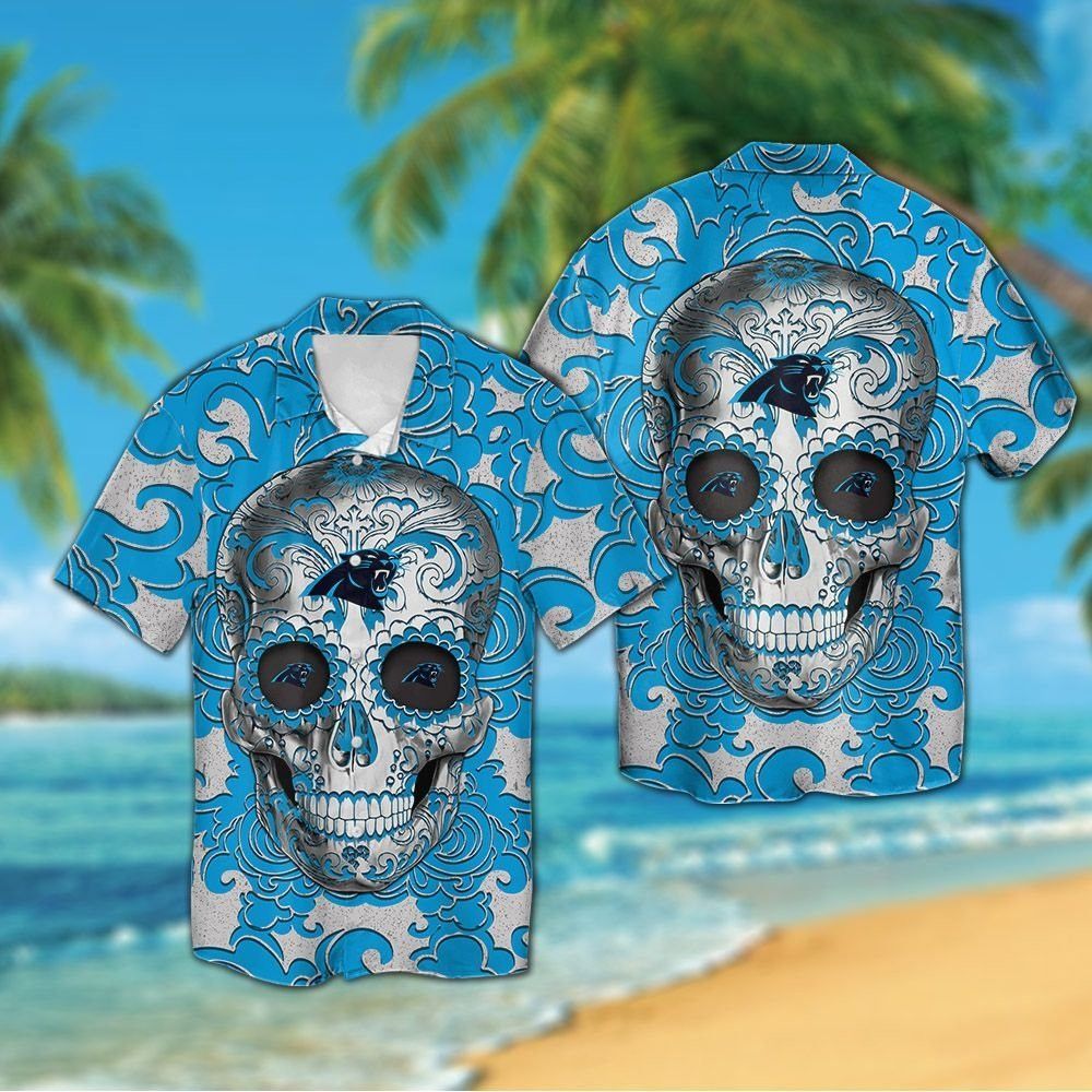 Carolina Panthers Sugarskull Short Sleeve Button Up Tropical Hawaiian Shirt Unisex T-shirt, Sweatshirt, Hoodie, Long Sleeve Tee - T-Shirt, Sweatshirt, Hoodie