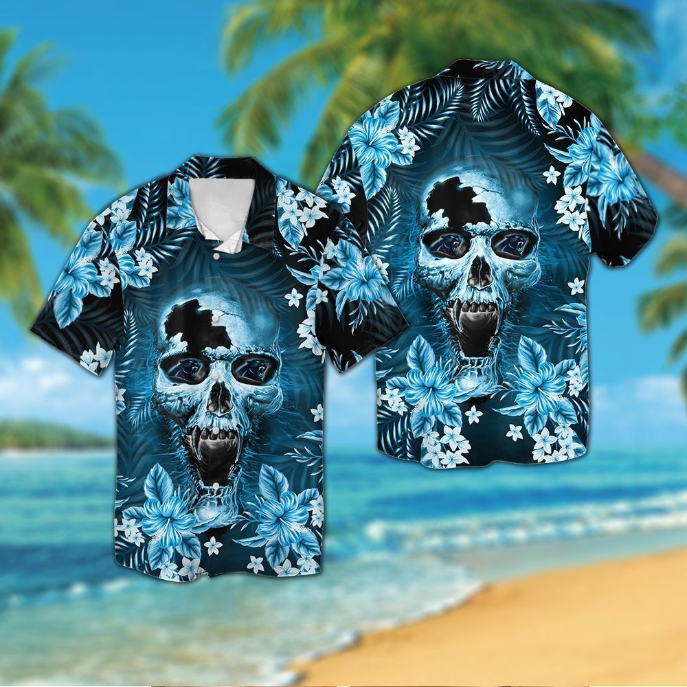 Carolina Panthersskull Short Sleeve Button Up Tropical Hawaiian Shirt VER01 Unisex T-shirt, Sweatshirt, Hoodie, Long Sleeve Tee - T-Shirt, Sweatshirt, Hoodie