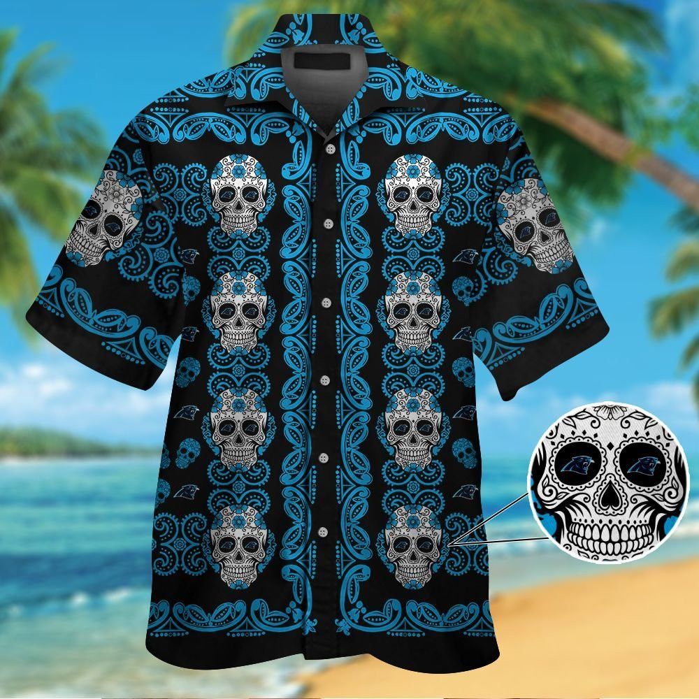 Carolina Panthersskull Short Sleeve Button Up Tropical Hawaiian Shirt VER03 Unisex T-shirt, Sweatshirt, Hoodie, Long Sleeve Tee - T-Shirt, Sweatshirt, Hoodie