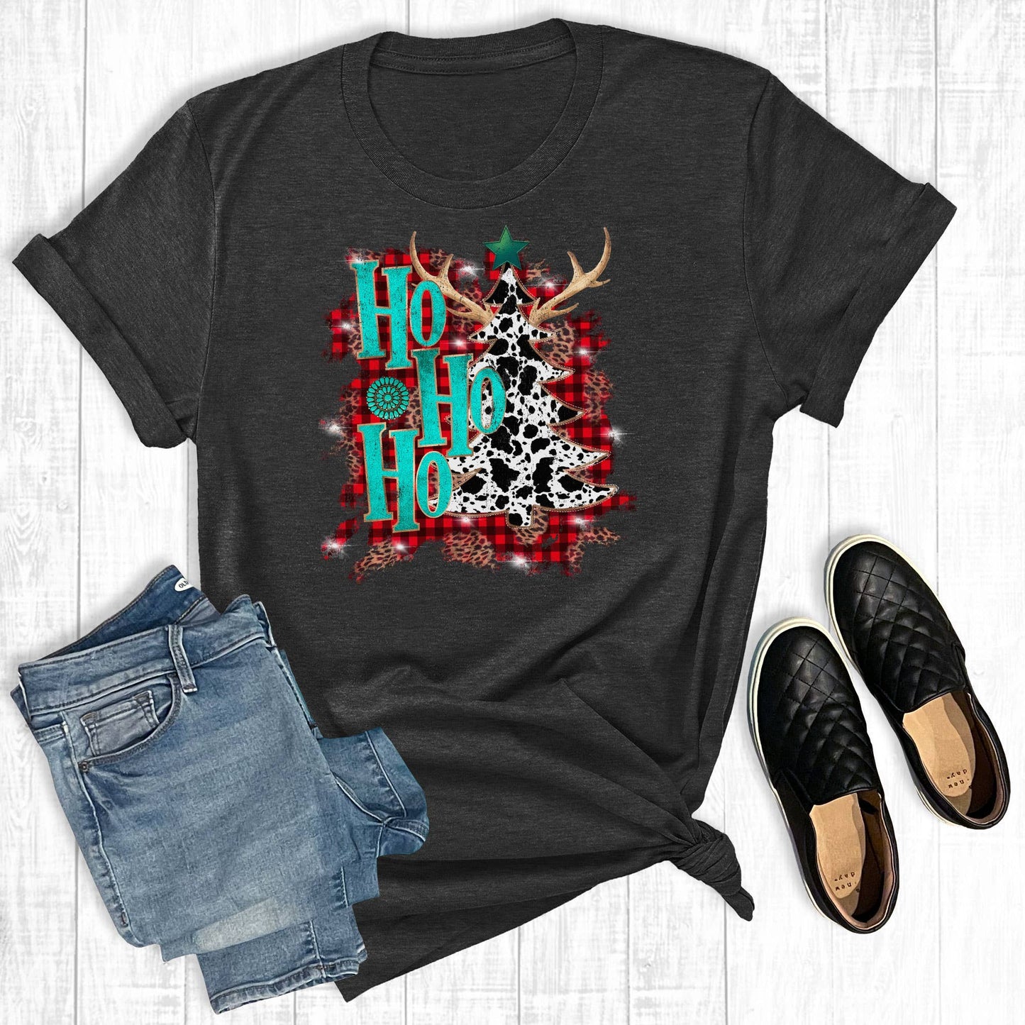 Cowhide Ho Ho Ho Christmas Tree Unisex T-shirt, Sweatshirt, Hoodie, Long Sleeve Tee - T-Shirt, Sweatshirt, Hoodie