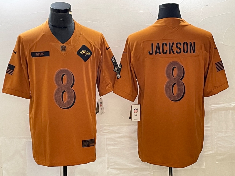 Men's Baltimore Ravens Lamar Jackson #8 Brown 2023 Salute To Service Retired Player Limited Jersey1 football jersey product view 1