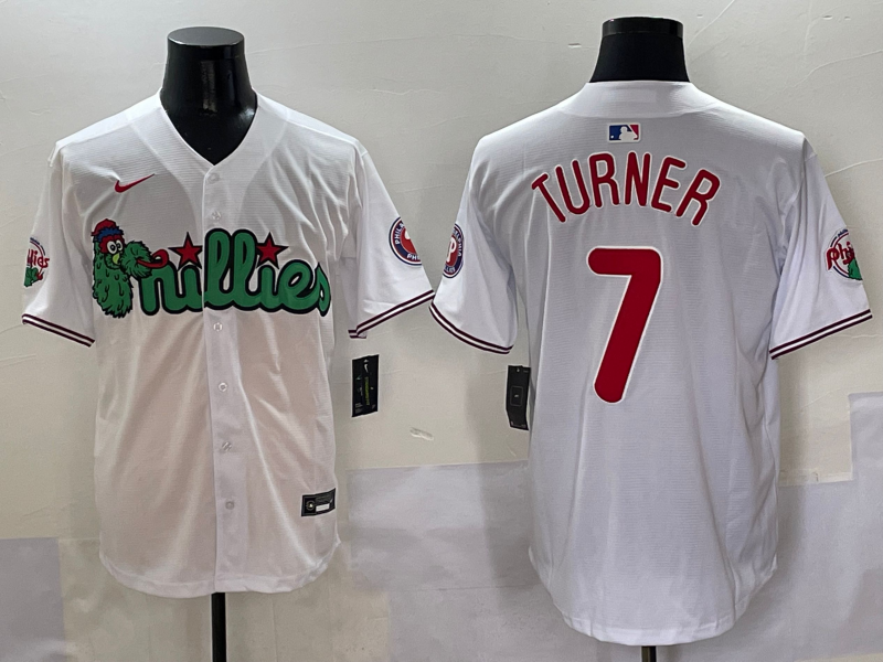 Men's Philadelphia Phillies Trea Turner #7 White Game Jersey baseball jersey product view 1