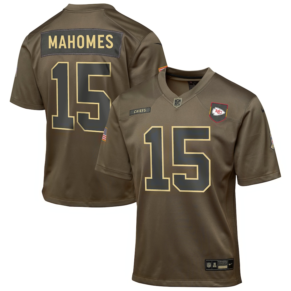 Youth Kansas City Chiefs Patrick Mahomes Olive 2025 Salute to Service Game Jersey football jersey product view 1