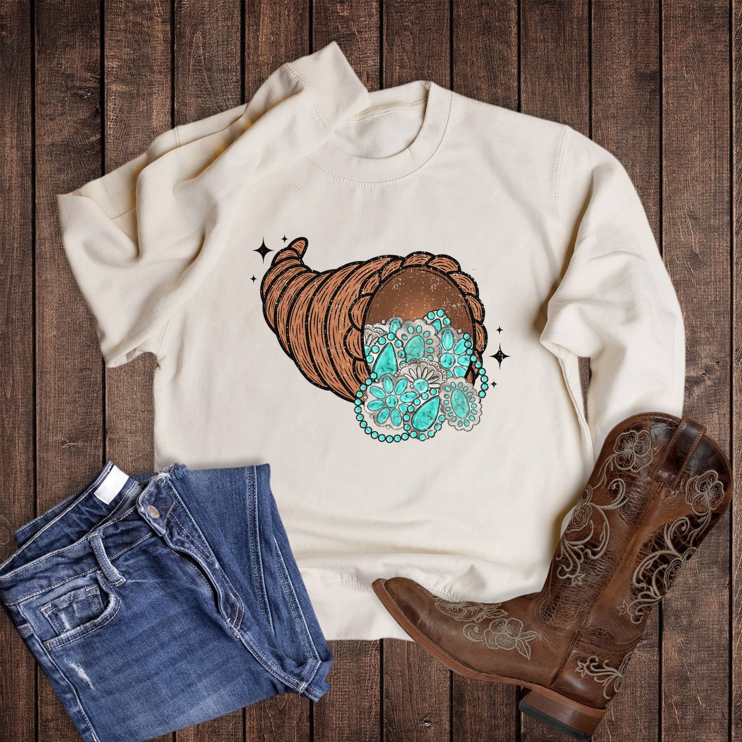Fall Thanksgiving Turquoise Cornucopia Sweatshirt Unisex T-shirt, Sweatshirt, Hoodie, Long Sleeve Tee - T-Shirt, Sweatshirt, Hoodie