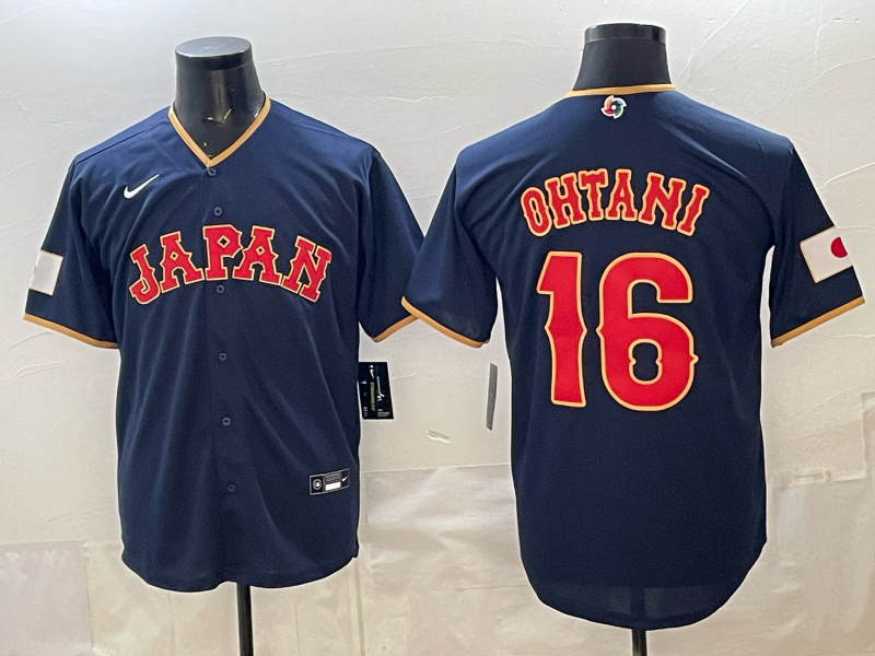 Men's Japan Baseball Shohei Ohtani #16 Navy 2026 World Baseball Classic Stadium Jersey baseball jersey product view 1